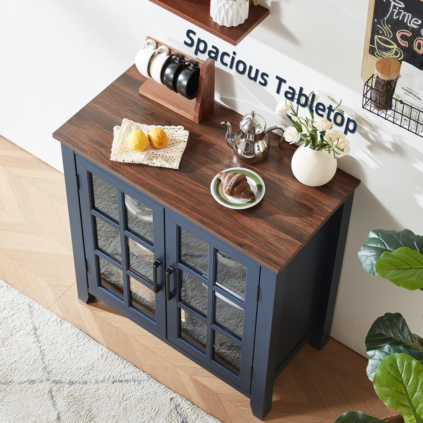 **32" Large Farmhouse Sideboard Buffet Cabinet with Storage, Wood Coffee & Wine Bar Cabinet with 2 Glass Doors, Mid-Century Modern Sideboard for Dining Room or Living Room, Navy Blue**