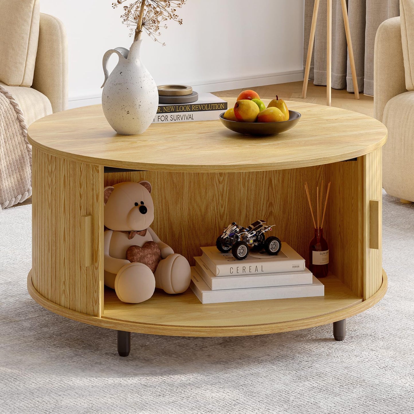 Round Coffee Table with Storage, 31.5" Modern Fluted Wood Table with 360° Sliding Door and Adjustable Footpads, Oak