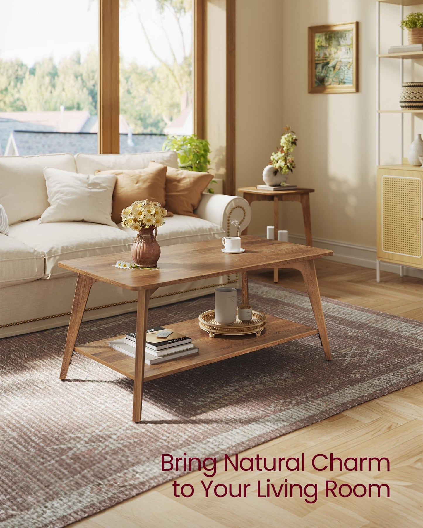 VASAGLE MAEZO Collection 2-Tier Coffee Table with Storage, Tapered Legs & Curved Transitions – 21.7" x 39.4" x 17.7" Modern Center Table for Living Room, Easy Assembly, Honey Brown (ULCT249K01)