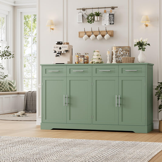 60" Large Buffet Sideboard with 4 Drawers and Storage, 36" Tall Modern Kitchen Cabinet with Gold Handles, Green