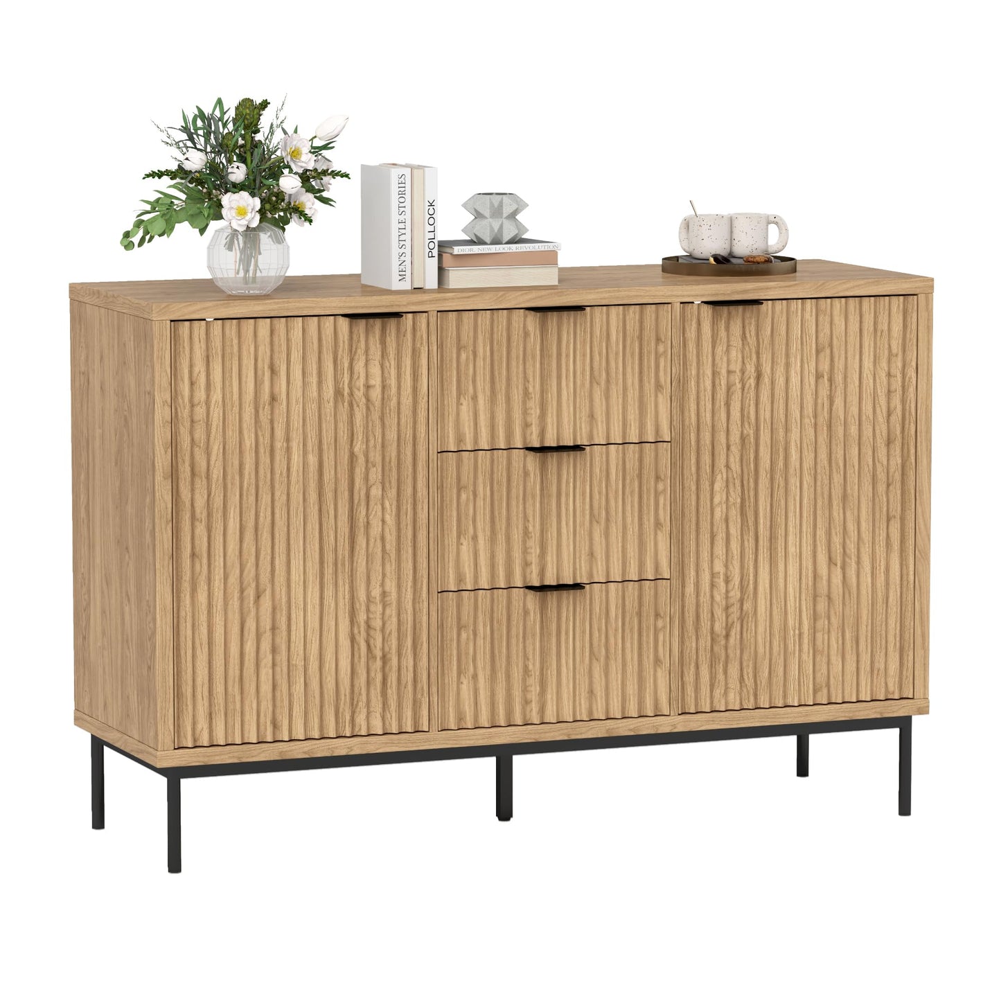 **Real Relax Sideboard Buffet Cabinet with Storage, Modern Fluted Sideboard with 2 Doors and 3 Drawers, Coffee Bar Accent Storage Credenza for Kitchen, Dining Room, and Living Room, Oak**