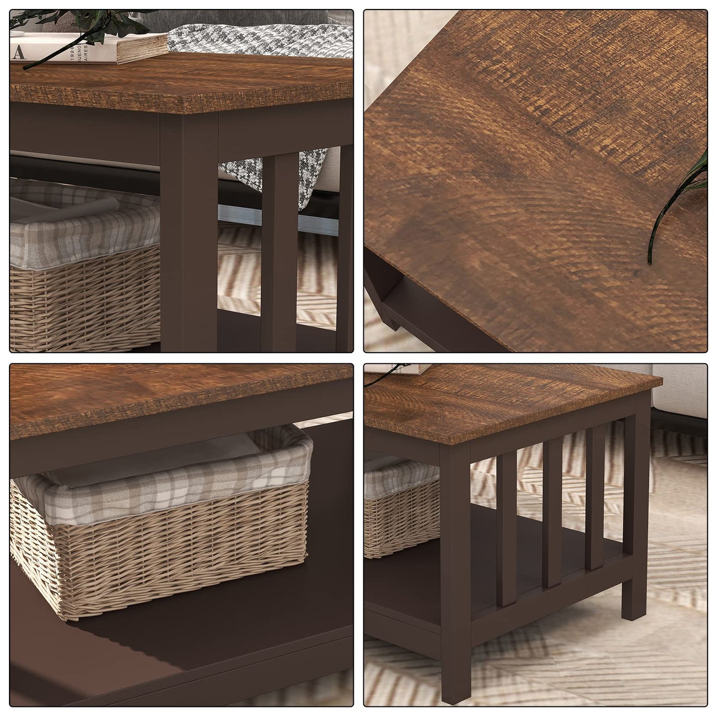 Espresso Farmhouse Coffee Table with Shelf, 40 Inch Living Room Table