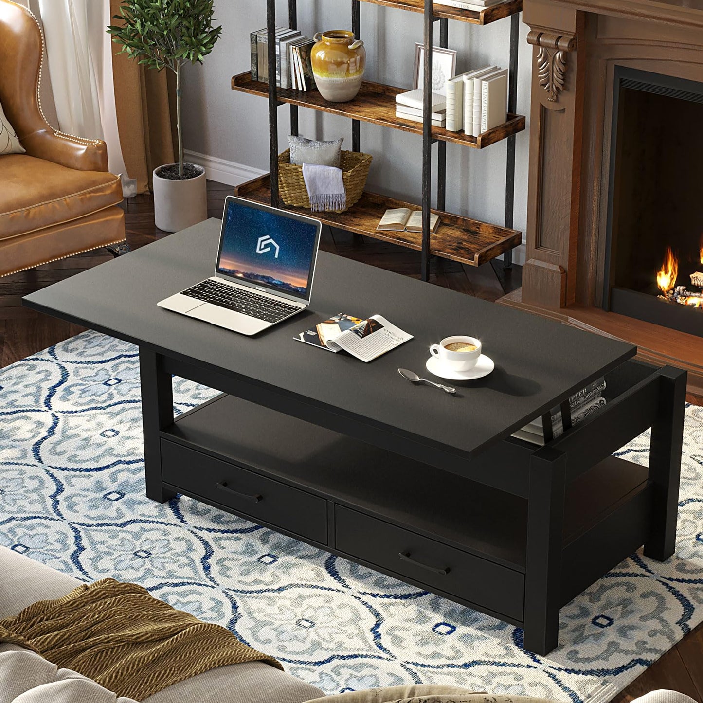 Rolanstar Lift Top Coffee Table with Drawers & Hidden Compartment – Retro Wooden Central Table with Adjustable Lift Tabletop for Living Room, Black