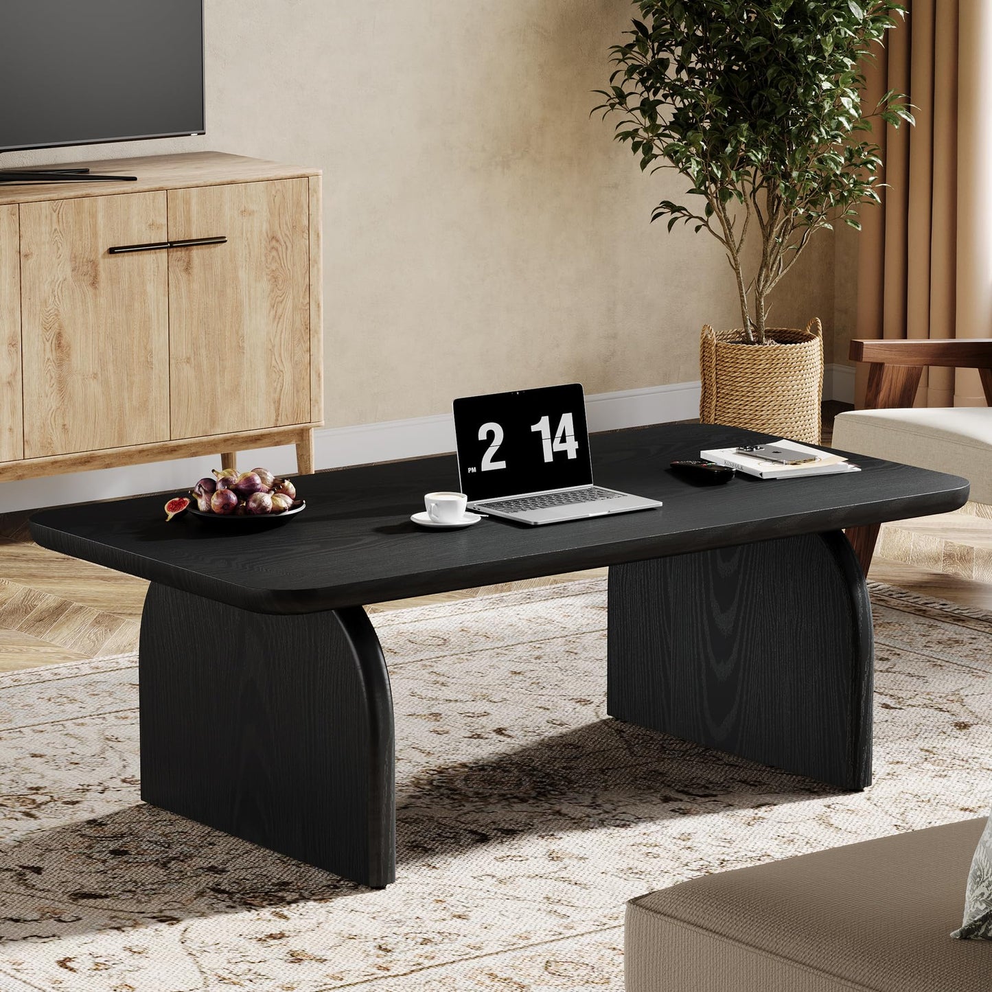 Rectangle Wood Coffee Table, 47-Inch Farmhouse Accent Center Table with Sturdy Base and Rounded Corners, Black