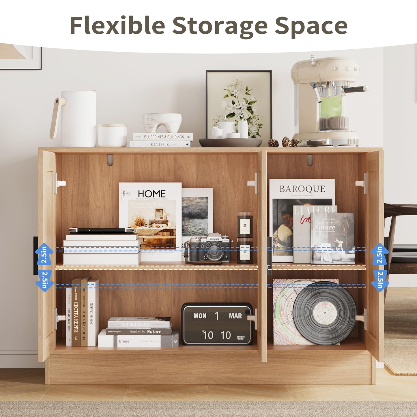 43" Oak Buffet Cabinet with 3 Doors and Adjustable Shelf, Modern Coffee Bar Sideboard for Kitchen or Living Room