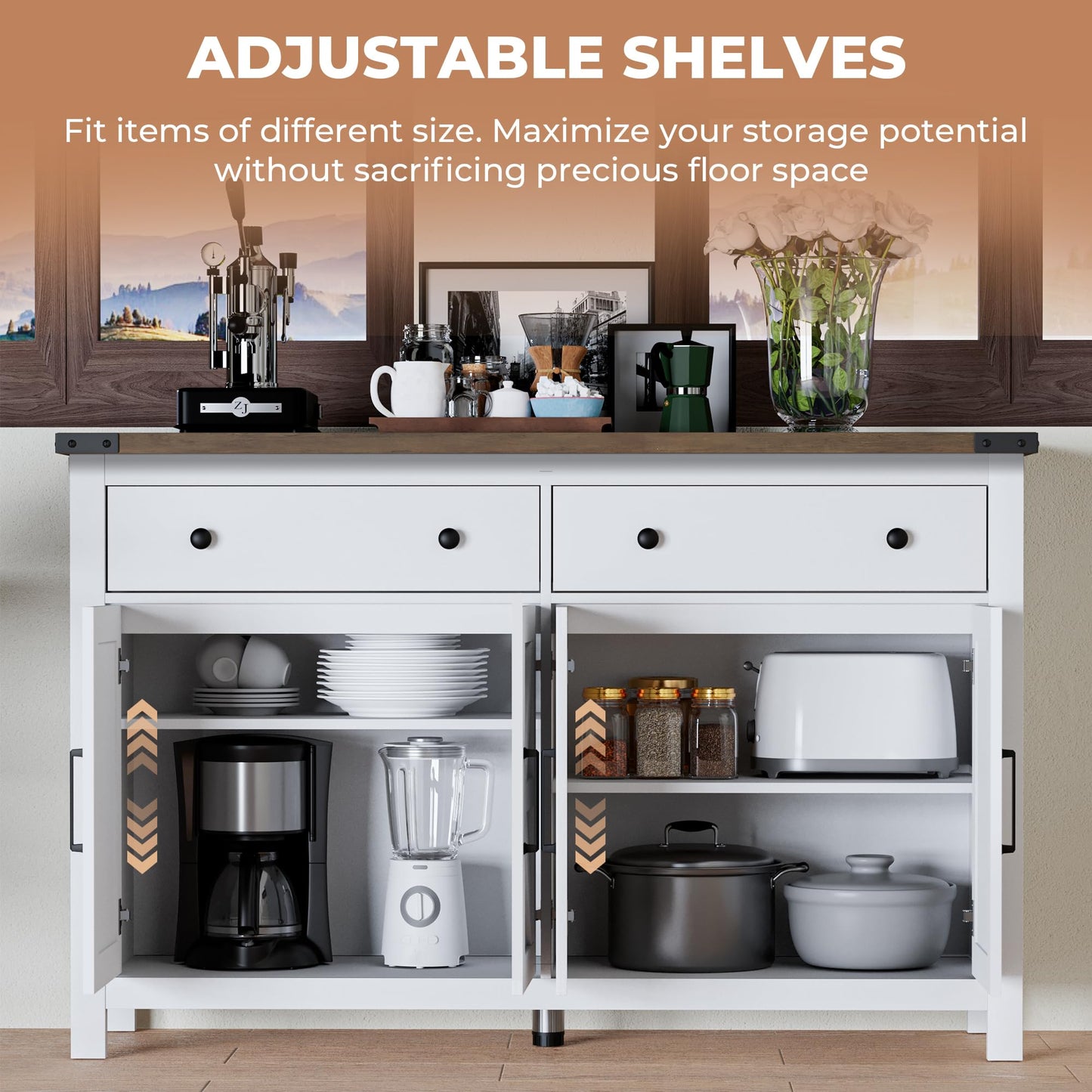 55" Modern Farmhouse Sideboard Buffet Cabinet with Storage, White Wood Coffee Bar Cabinet with 2 Drawers & 4 Barn Doors, Long Storage Cabinet for Kitchen, Dining Room & Living Room