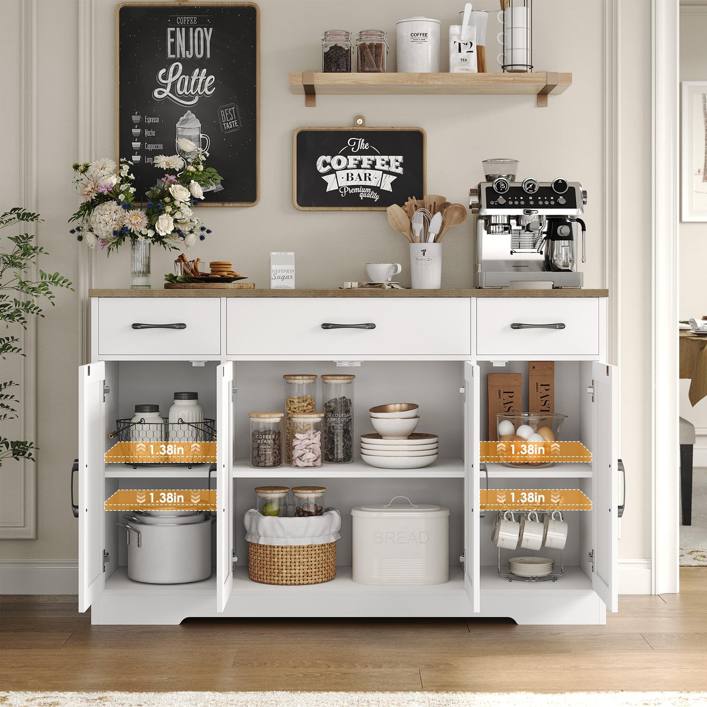 55" Large Buffet Sideboard Cabinet with Drawers, Shelves, and Doors, Modern Farmhouse Coffee Bar Station for Kitchen or Dining Room, White/Rustic