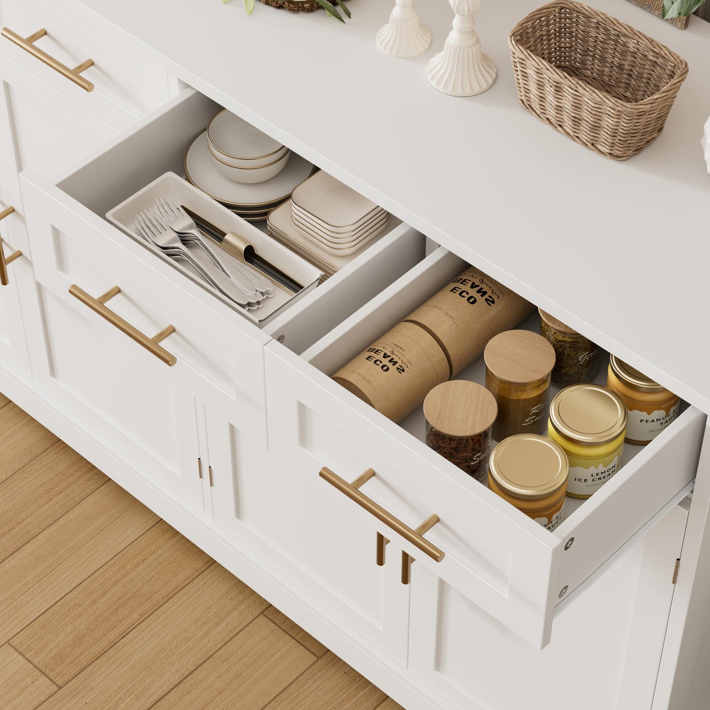 60" Large Buffet Sideboard with 4 Drawers and Storage, 36" Tall Modern Kitchen Cabinet with Gold Handles, White