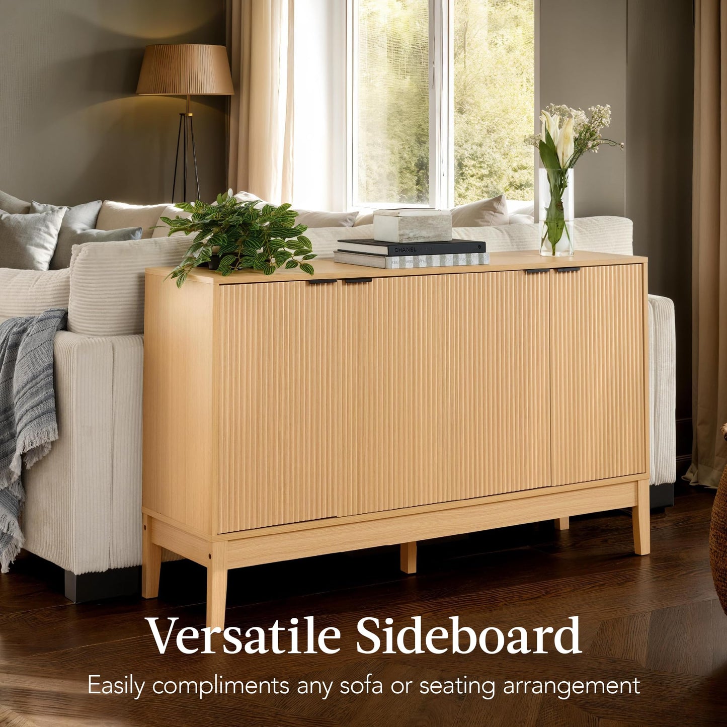 Modern 55" 4-Door Sideboard Storage Cabinet with Reed Panels and Adjustable Shelves, Buffet Media Cabinet for Entryway or Living Room, Natural