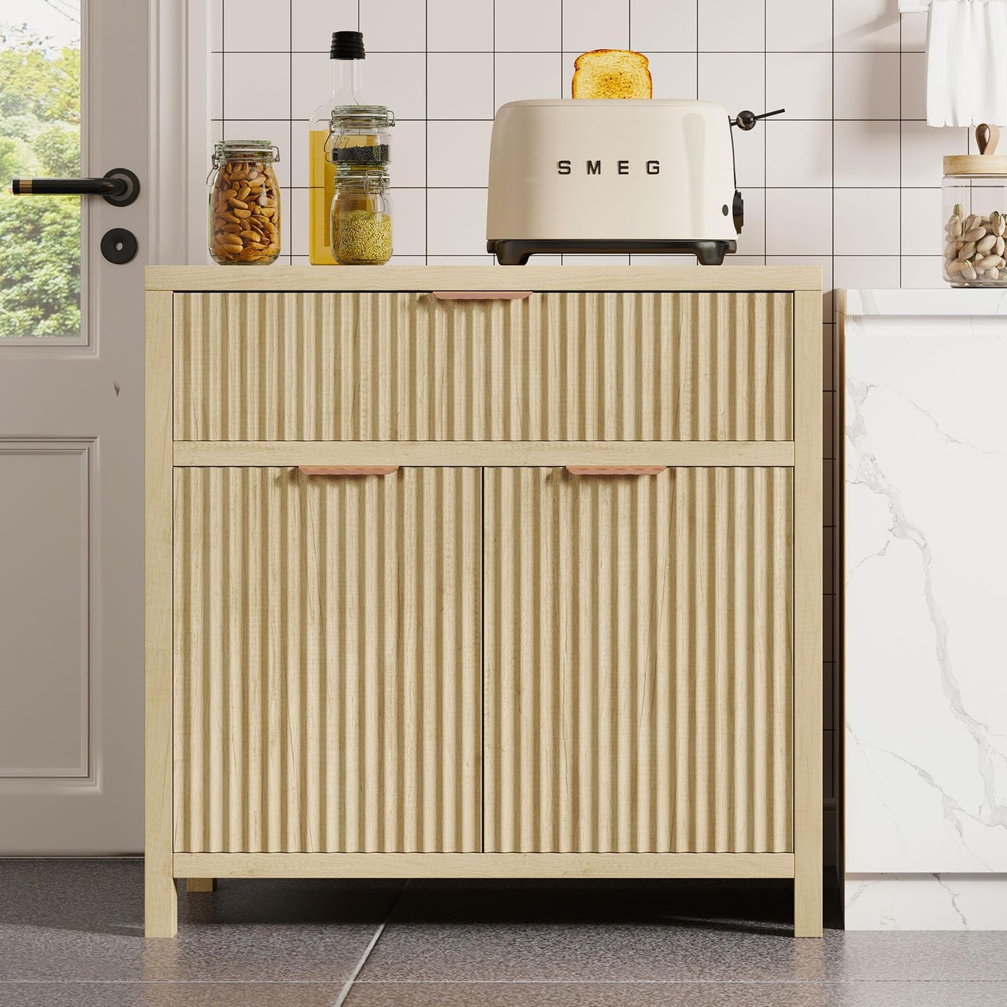 **Oak Fluted Door Accent Cabinet, Sideboard Buffet with 2 Doors, 1 Drawer & Adjustable Shelf, Modern Console Table for Living Room and Entryway**