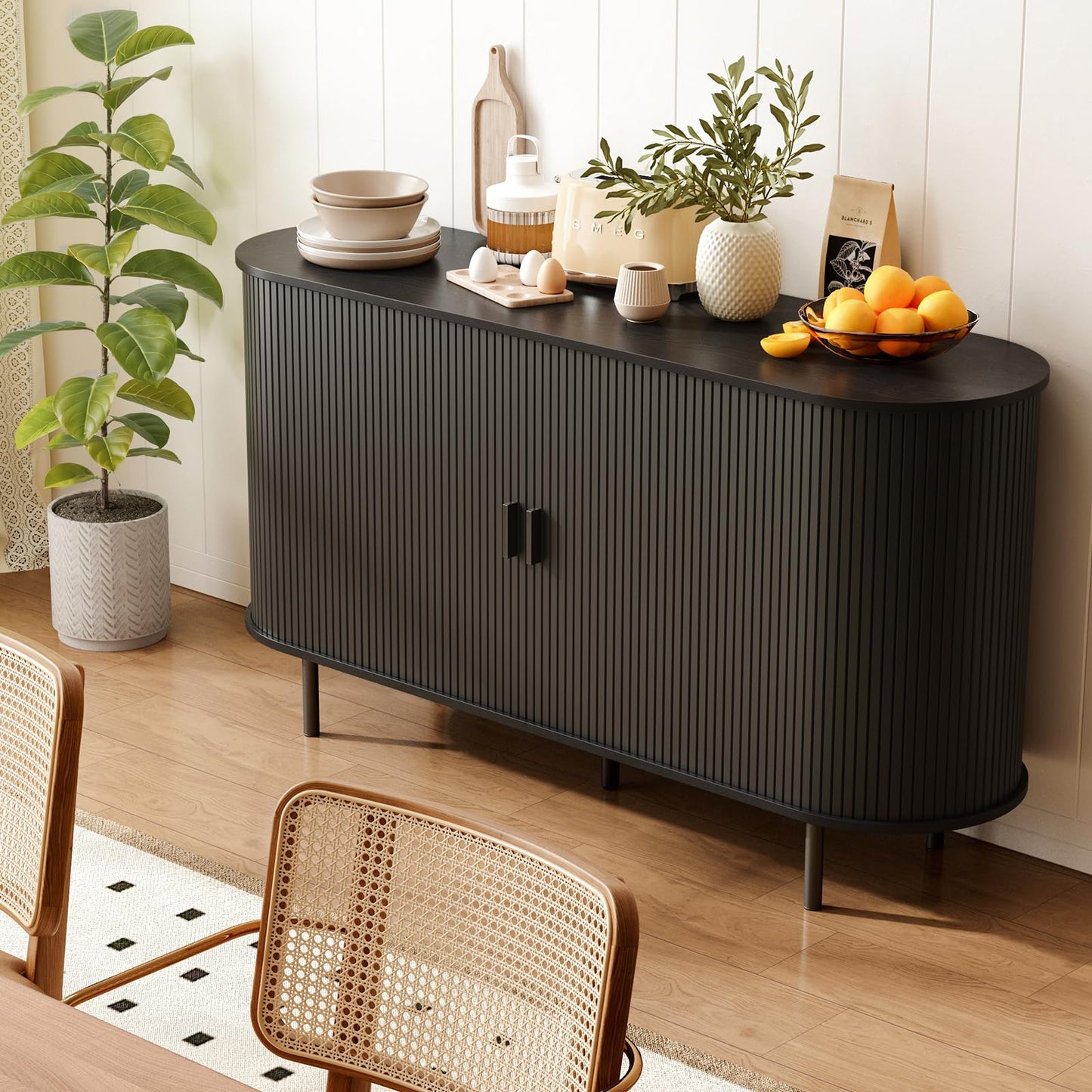 **55" Sideboard Buffet Cabinet with Storage, Sliding Door & Adjustable Shelf, Modern Accent Coffee Bar Console Table for Kitchen or Entryway, Black**