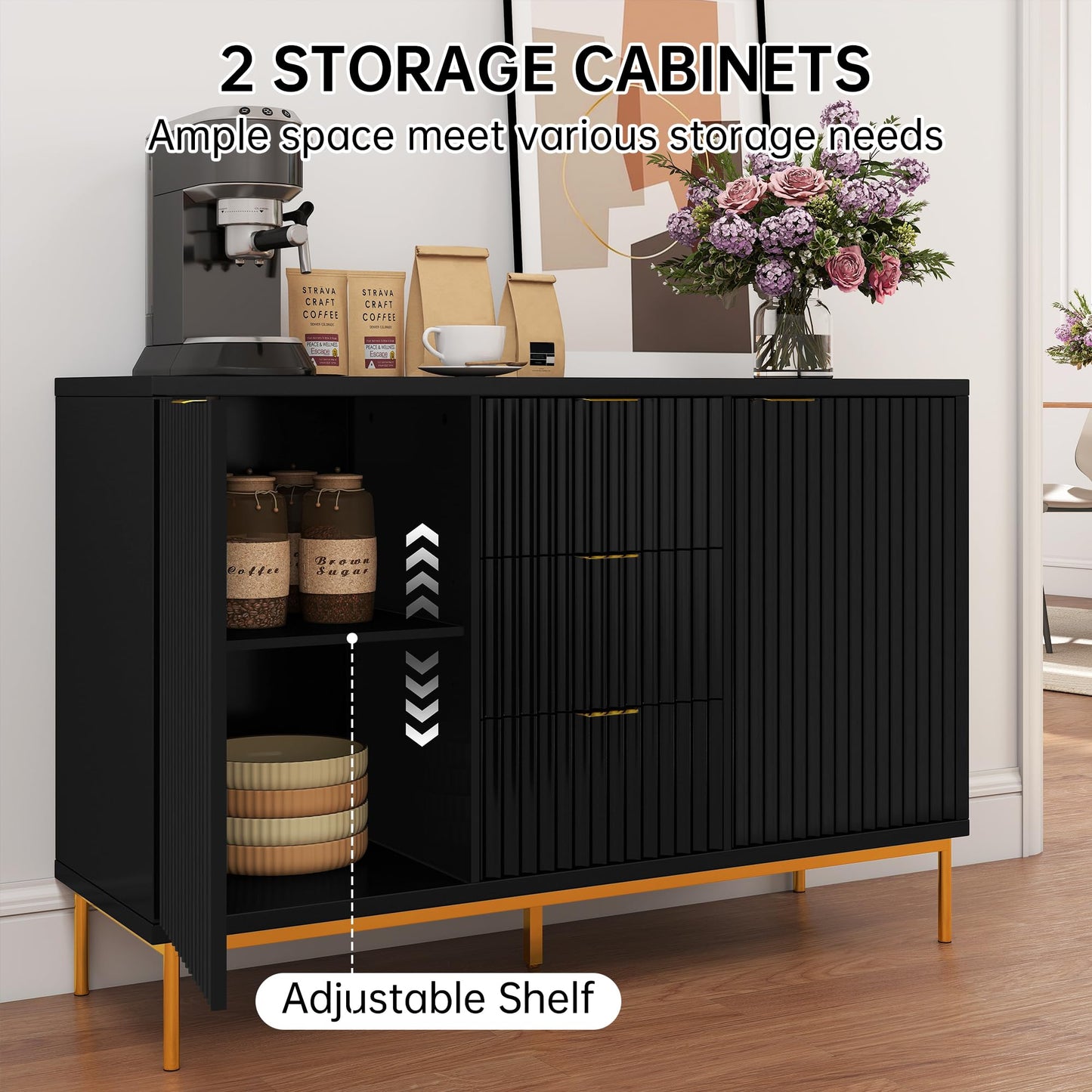 Fluted Buffet Cabinet with 2 Doors, 3 Drawers and Adjustable Shelf, 47" Modern Sideboard Credenza Coffee Bar Table, Black