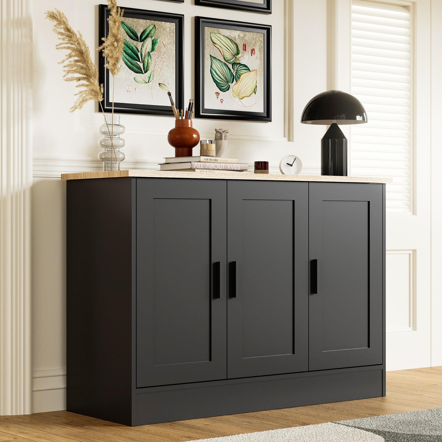 43" Black Buffet Cabinet with 3 Doors and Adjustable Shelf, Modern Coffee Bar Sideboard for Kitchen or Living Room