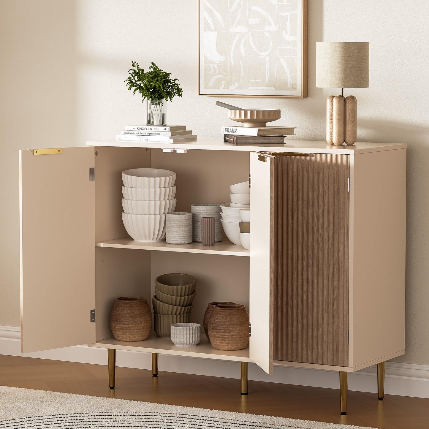 Fluted Sideboard Buffet with 3 Doors and Adjustable Shelves, Modern Kitchen Storage Cabinet with Gold Handles, Coffee Bar for Living Room or Kitchen, Oak