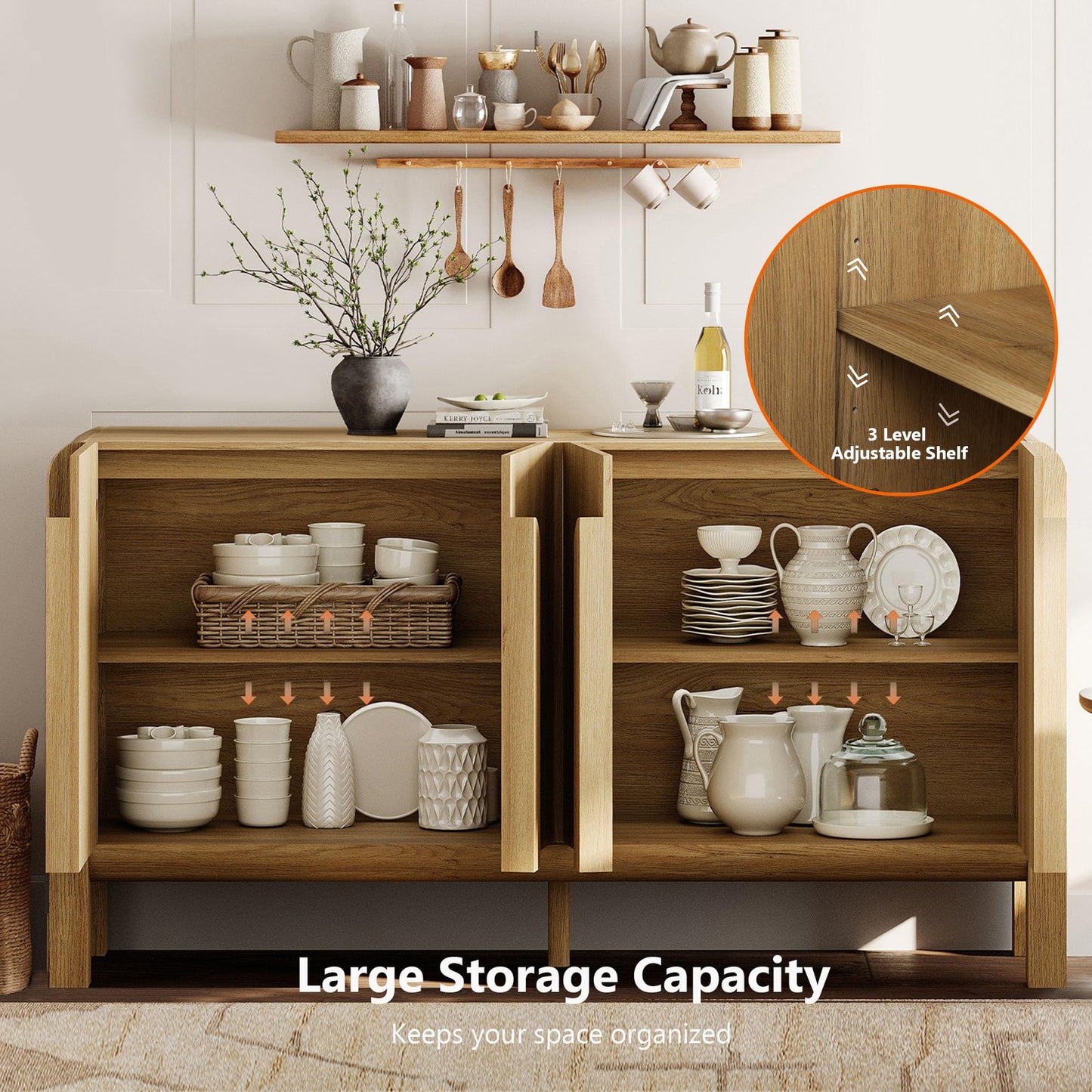 63" Large Curved Buffet Sideboard Cabinet with 4 Doors, Modern Coffee Bar and Wine Bar Storage for Dining Room, Living Room, or Kitchen, Light Walnut