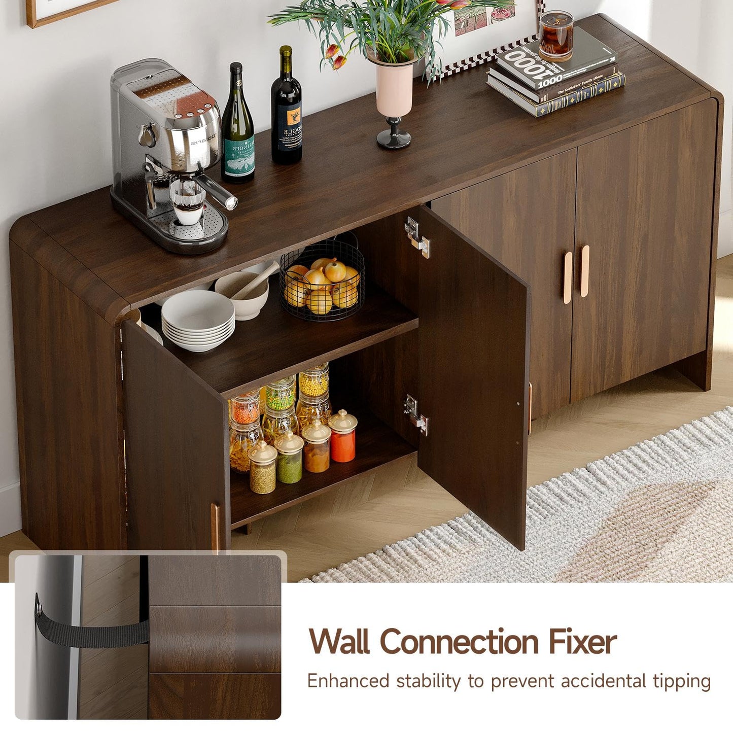 60" Curved Sideboard Buffet Cabinet with 4 Doors and Adjustable Shelves, Farmhouse Coffee Bar Storage for Living Room, Kitchen, or Hallway, Walnut