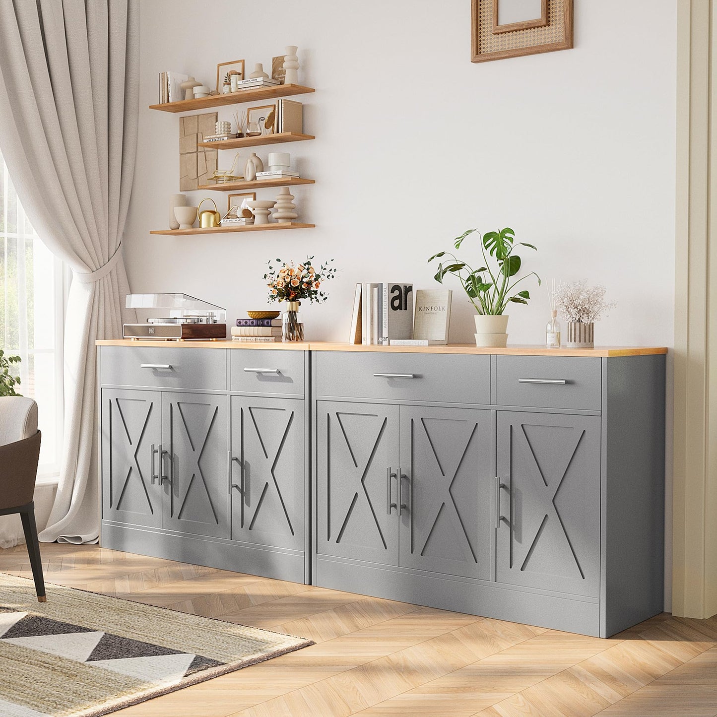 Modern Farmhouse Sideboard Buffet Cabinet with 3 Doors and Adjustable Shelf, 42" Wood Storage Cabinet for Kitchen or Living Room, Grey