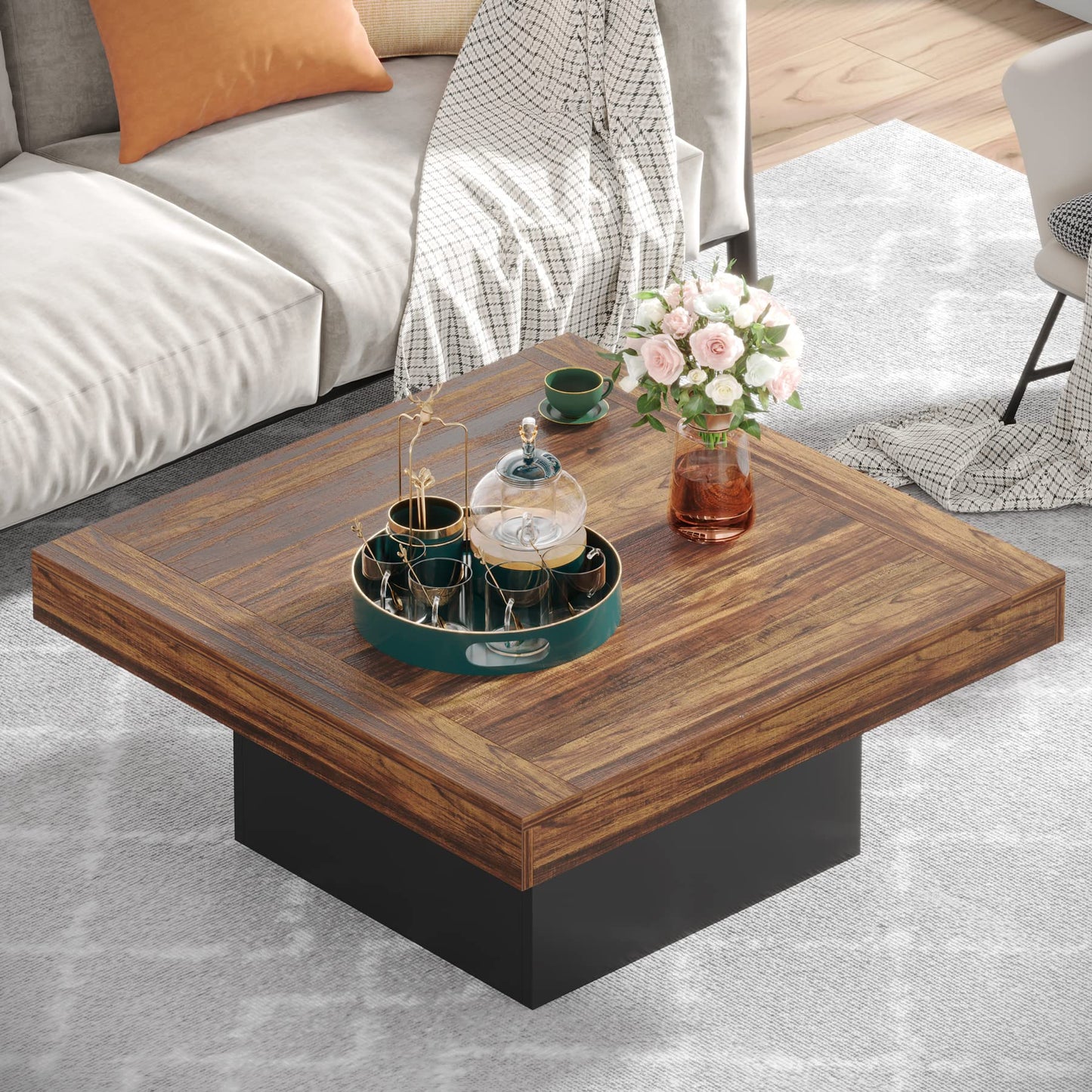 Tribesigns Square LED Coffee Table – Rustic Brown & Black Engineered Wood Low Center Cocktail Table for Living Room