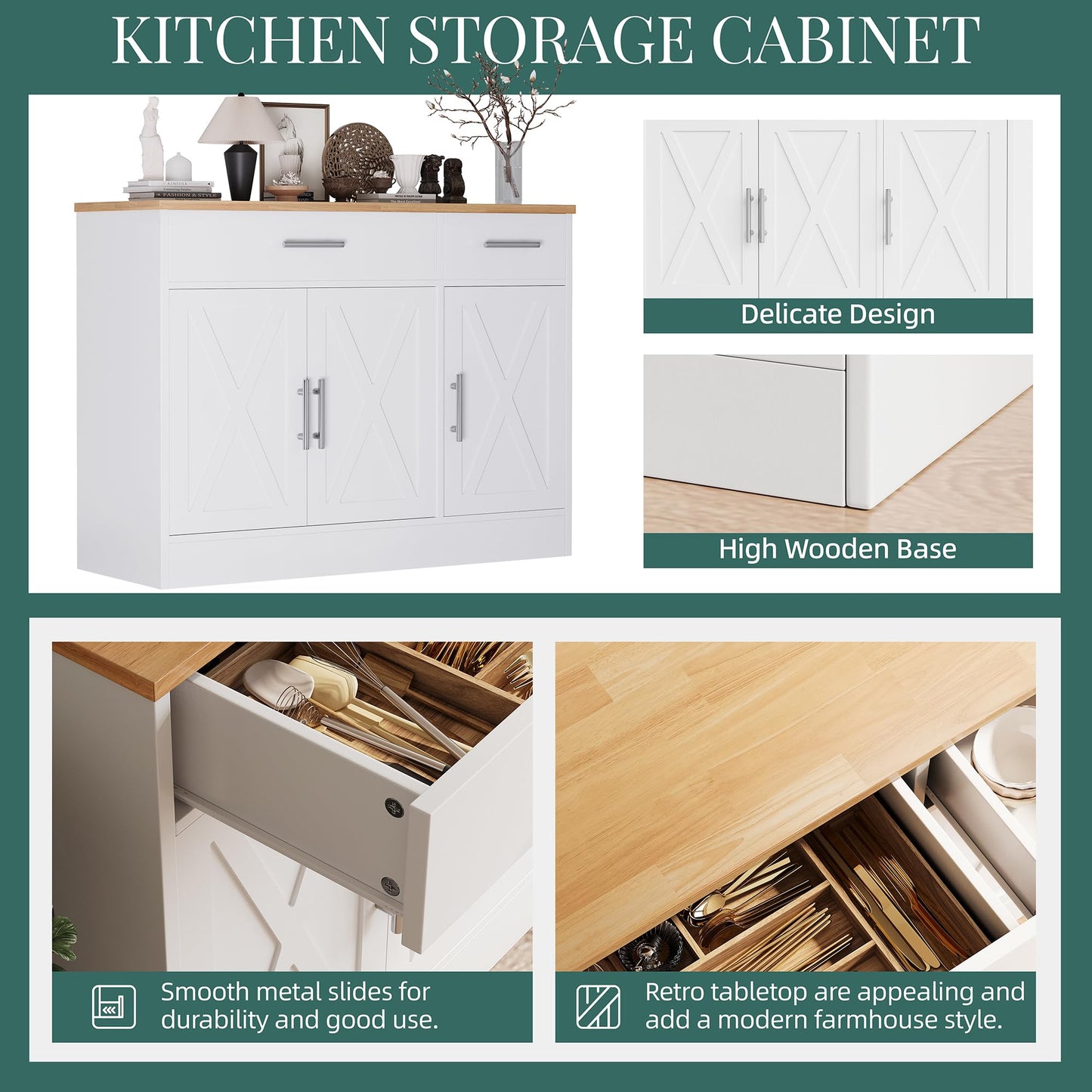 42" Modern Farmhouse Sideboard Buffet Cabinet with 3 Barn Doors and Adjustable Shelf, Wood Coffee Bar Storage for Kitchen or Living Room, White