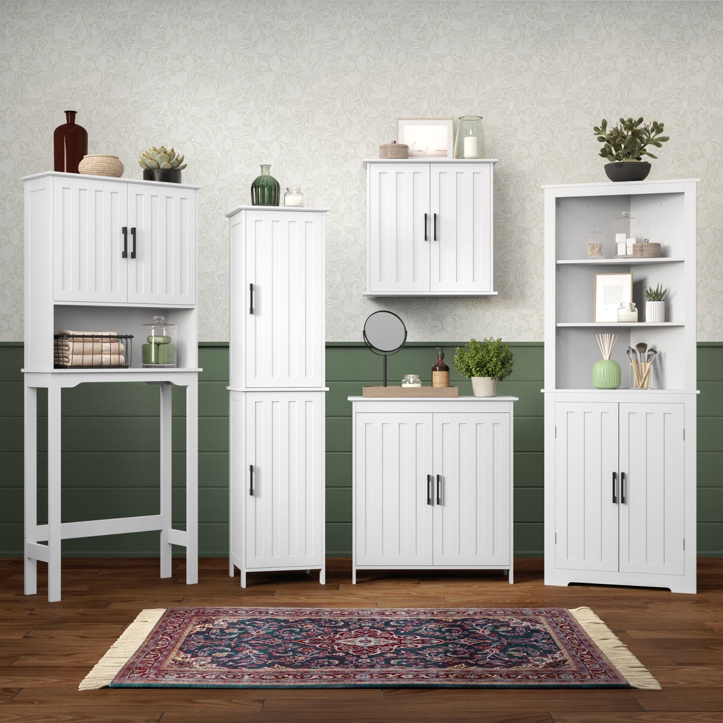 Two-Door Floor Storage Cabinet with Adjustable Shelves, Bathroom Storage with Soft-Close Doors, White Finish with Matte Black Handles