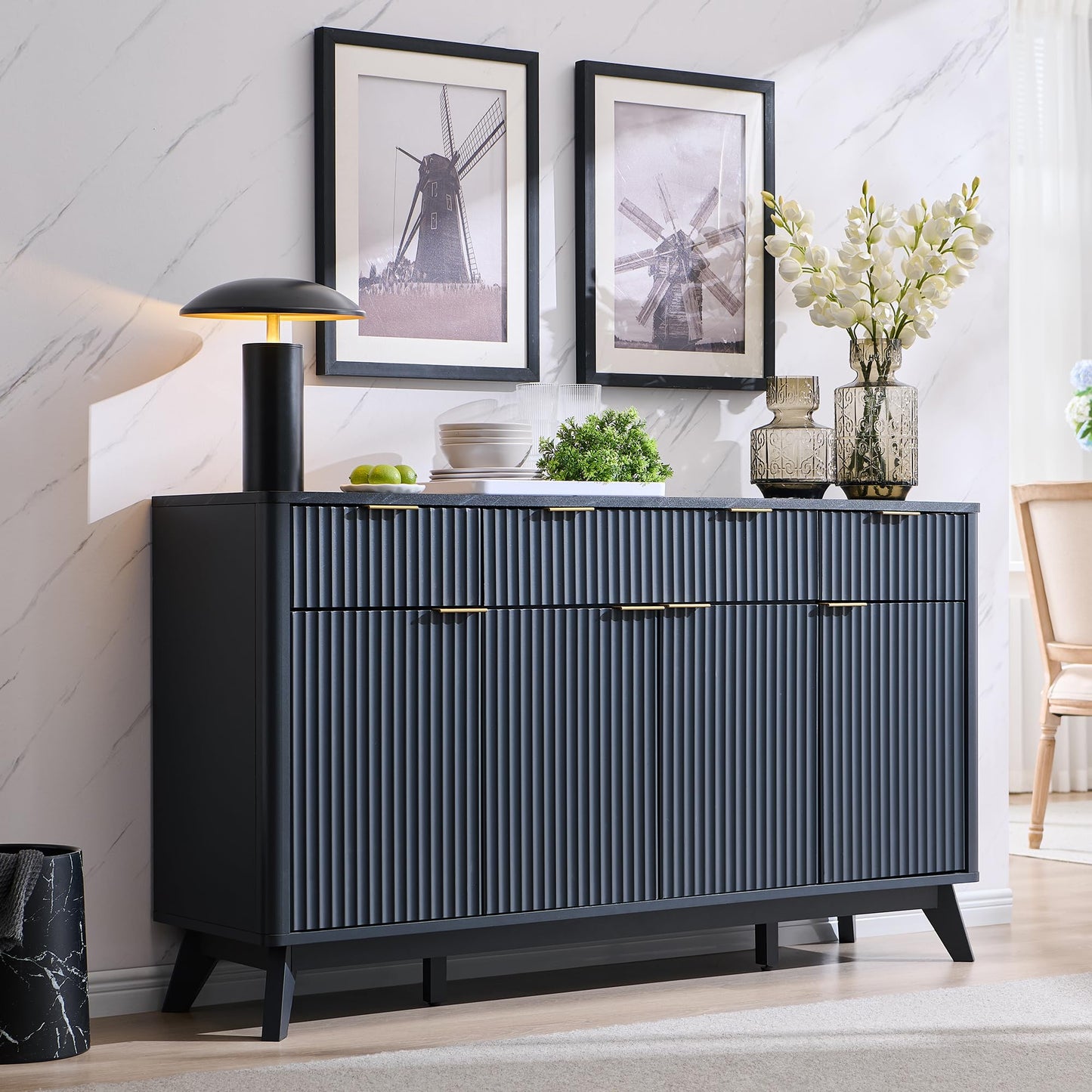 **T4TREAM 60" Fluted Modern Buffet Sideboard Cabinet with Storage, Large Buffet Table with 3 Drawers & 4 Doors for Dining Room, Living Room, or Hallway, Dark Grey**
