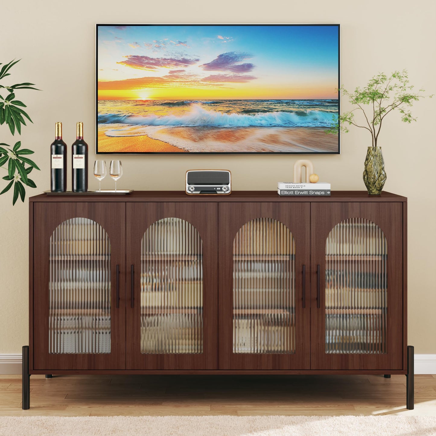 55" Modern Sideboard Buffet Cabinet with 4 Fluted Acrylic Doors and Adjustable Shelves, Wood Console Table for Living Room or Kitchen, Dark Walnut