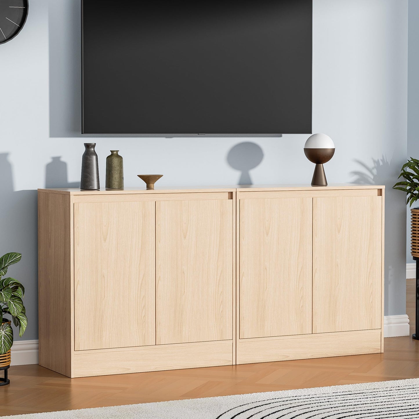 Set of 2 Oak Buffet Cabinets with 4 Doors and Adjustable Shelf, Modern Kitchen Sideboard Coffee Bar for Living Room or Kitchen