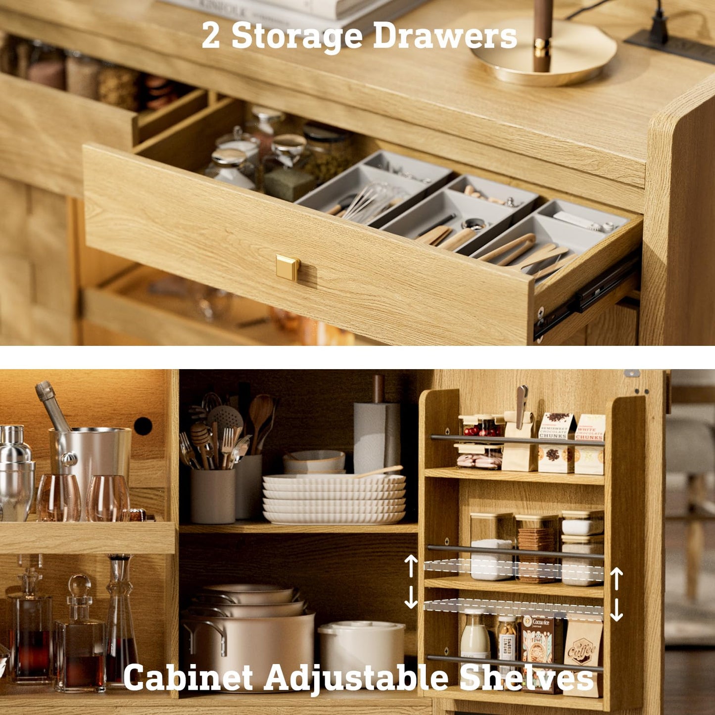 55" Fluted Sideboard Buffet Cabinet with Charging Station and LED Light, 2 Drawers, Pull-Out Shelf, and Spice Rack, Modern Kitchen Storage, Original Oak