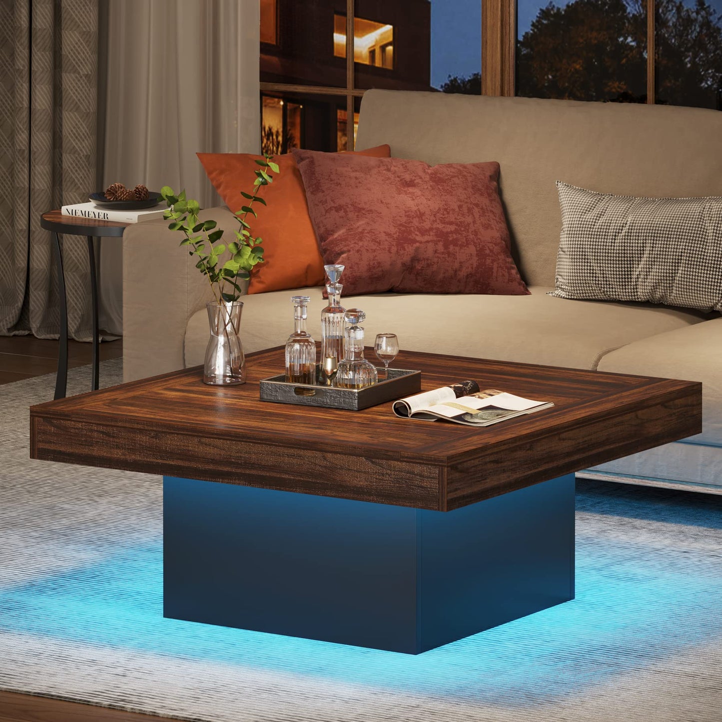 Tribesigns Square LED Coffee Table – Rustic Brown & Black Engineered Wood Low Center Cocktail Table for Living Room