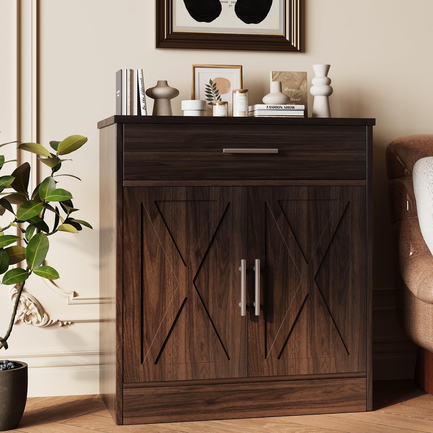 Modern Sideboard Buffet Cabinet with 1 Drawer and 2 Doors, Wood Coffee Bar Storage for Kitchen or Dining Room, Rustic Brown