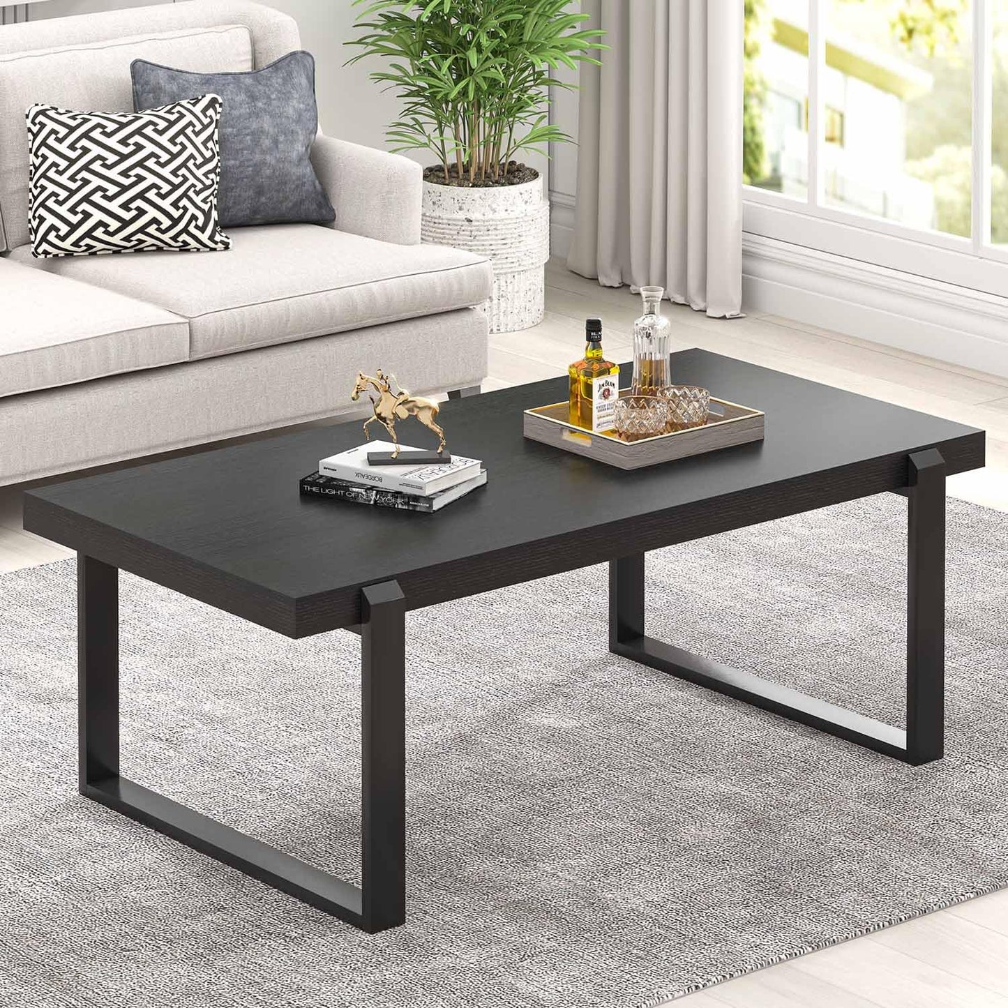 FOLUBAN 47" Black Coffee Table – Modern Industrial Wood and Metal Rectangle Center Table for Living Room