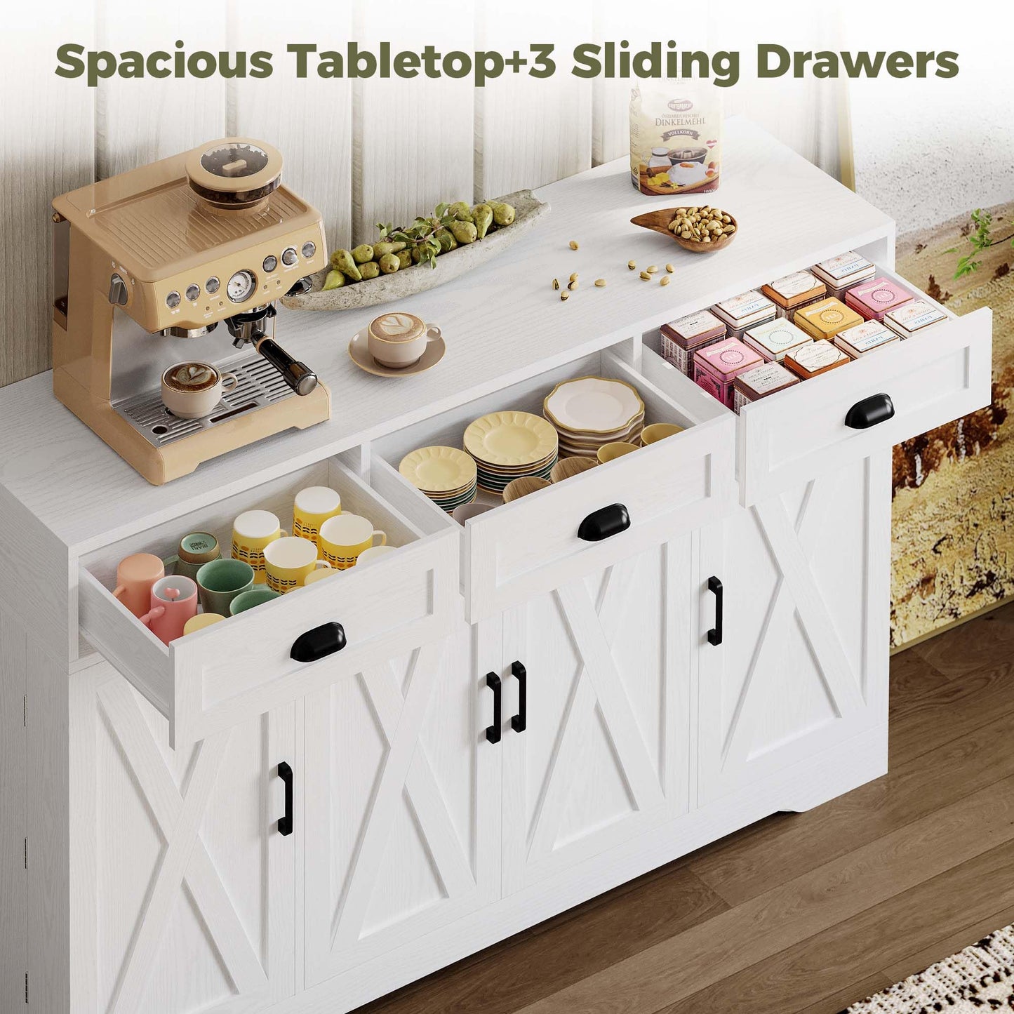 Buffet Cabinet with 4 Doors, 3 Drawers, and 6 Adjustable Shelves, Modern Sideboard Coffee Bar Storage for Kitchen or Dining Room, White