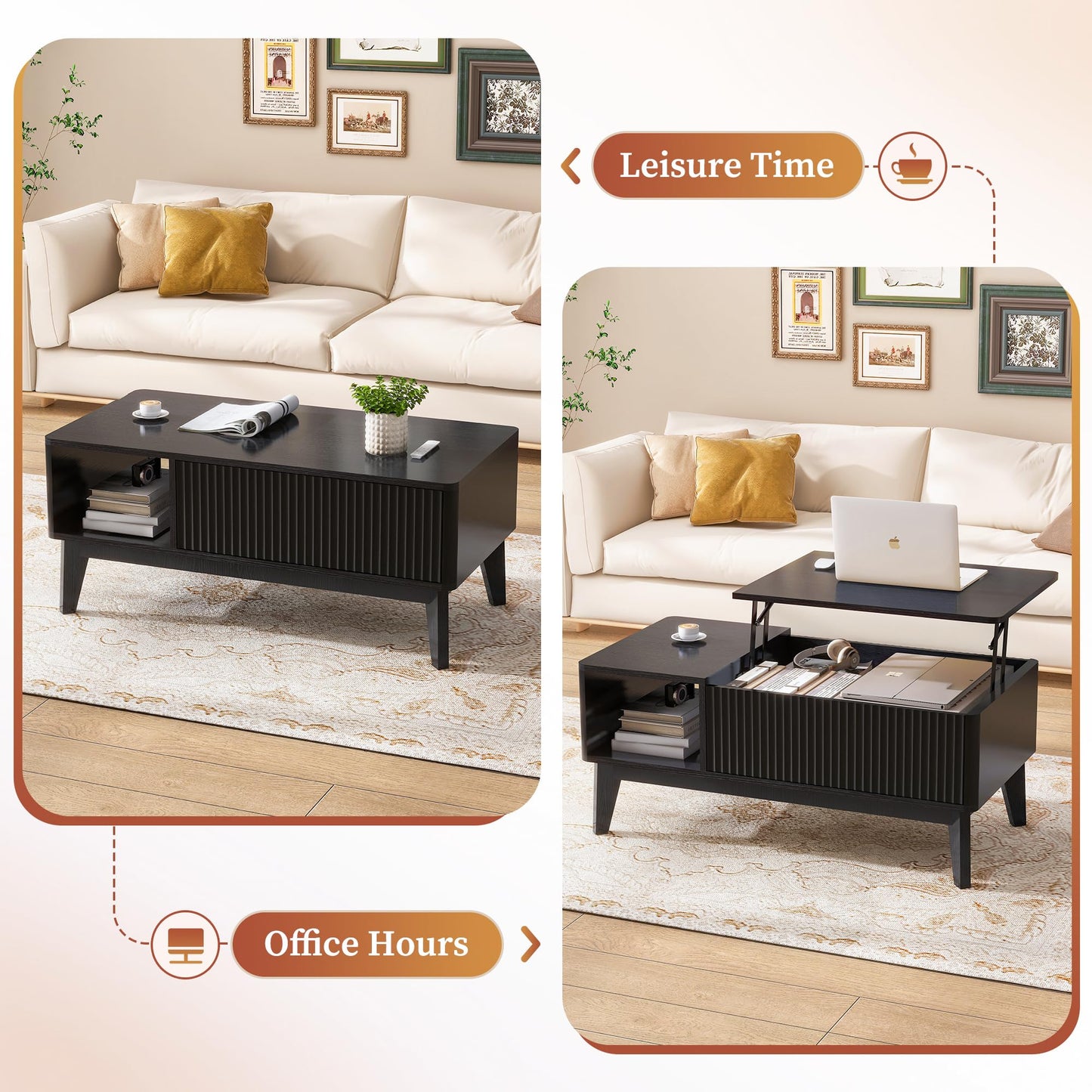 LYNCOHOME Fluted Lift Top Coffee Table with Hidden Compartment – Modern Wood Center Table for Living Room or Home Office, Black Finish