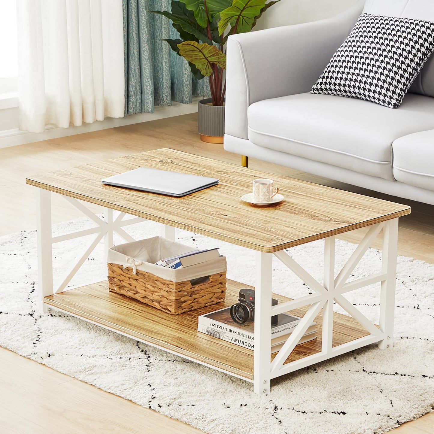 GreenForest 39" Coffee Table with Round Corners, Farmhouse Center Table with 2-Tier Storage Shelf, X-Frame Design for Living Room, Oak