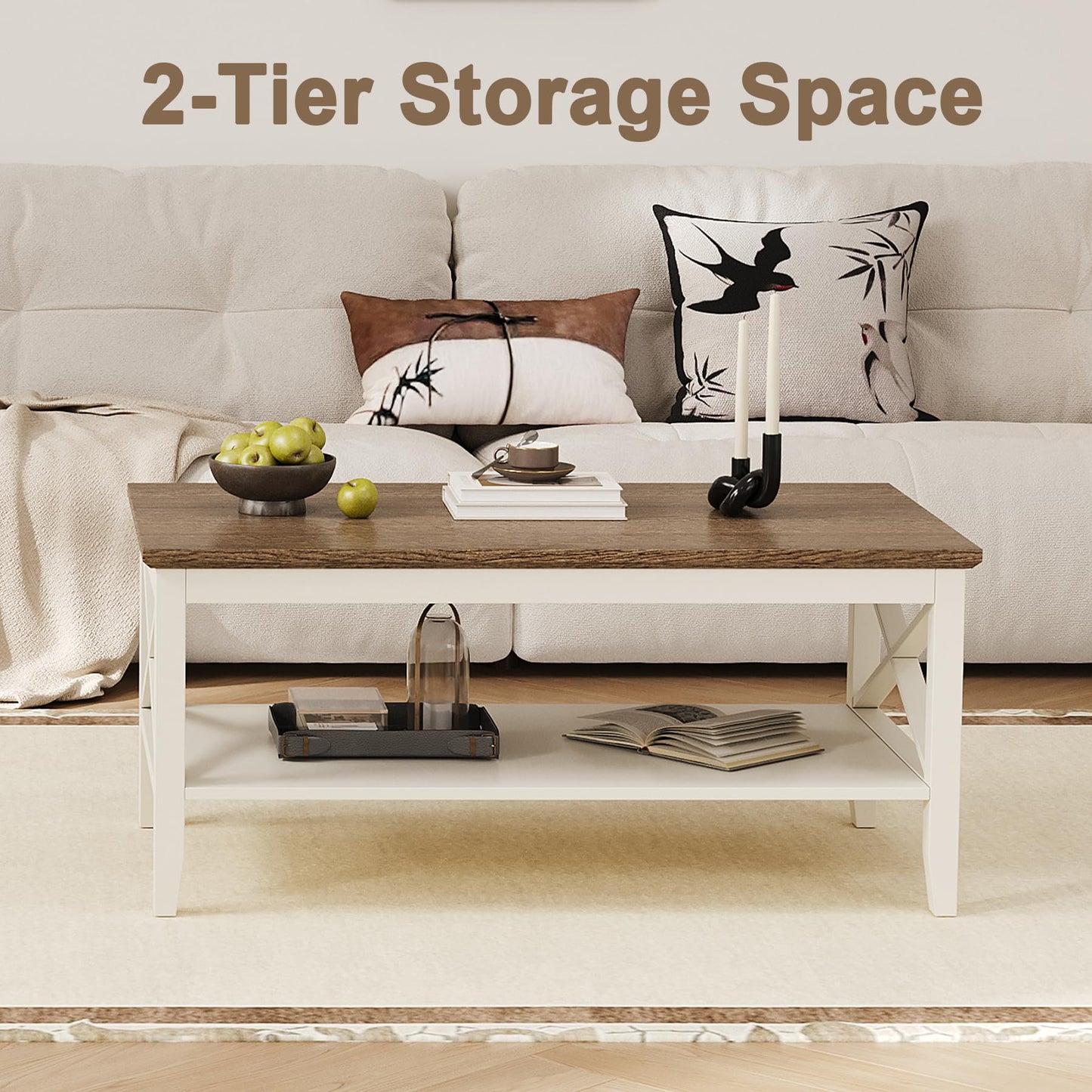 White Wooden Farmhouse Coffee Table with Thick Legs and Storage for Living Room