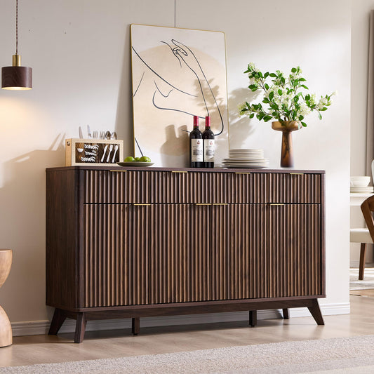 **T4TREAM 60" Fluted Buffet Sideboard Cabinet with Storage, Modern Large Buffet Table with 3 Drawers & 4 Doors for Dining Room, Living Room, or Hallway, Dark Walnut**