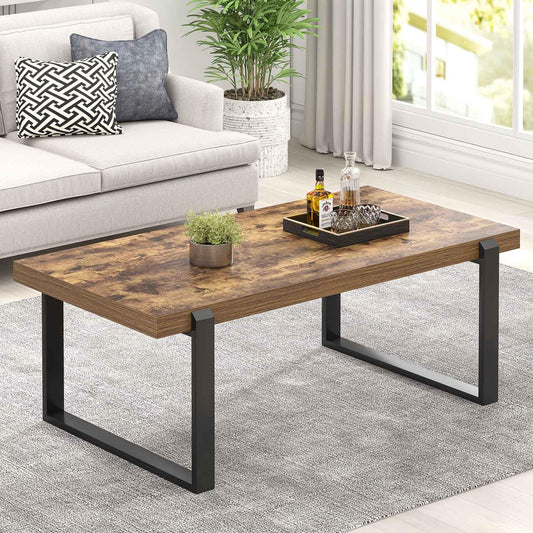 FOLUBAN 47" Modern Coffee Table – Rustic Brown Wood and Metal Industrial Rectangle Center Table for Living Room