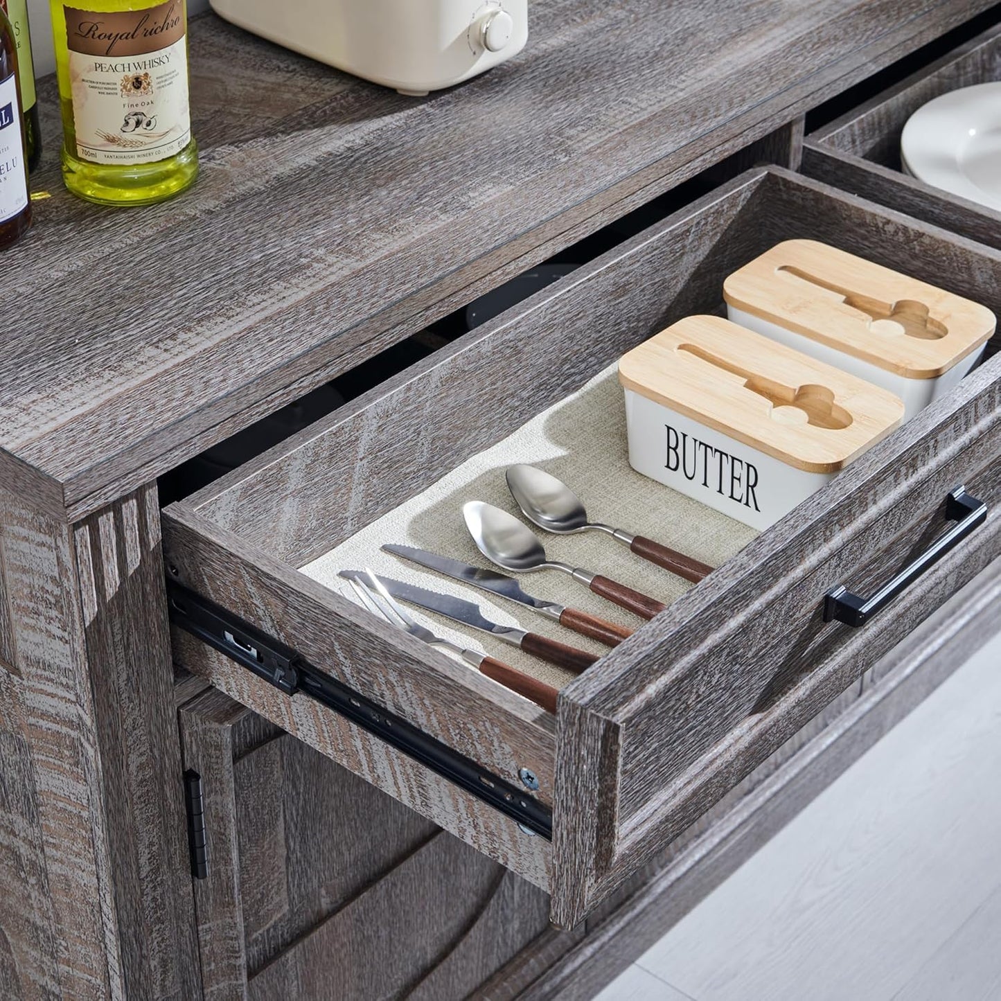 **55" Large Buffet Sideboard Cabinet with 3 Doors and 2 Drawers, Buffet Table Coffee Bar Wine Bar Storage Cabinet for Dining Room or Living Room, Dark Grey**