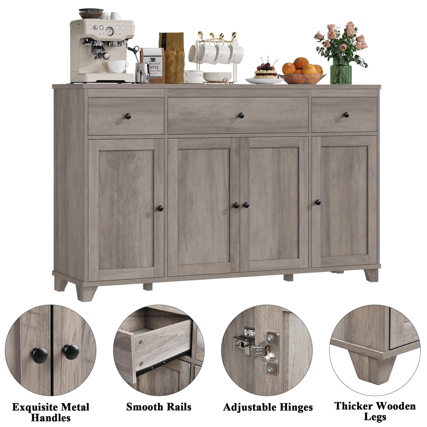 **HIFIT 55" Large Kitchen Buffet Cabinet with Storage, Farmhouse Sideboard with Drawers, Doors, and Shelves, Wood Coffee Bar for Kitchen, Dining, or Living Room, Ash Grey**