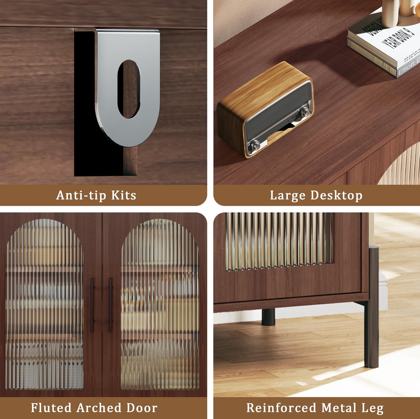 55" Modern Sideboard Buffet Cabinet with 4 Fluted Acrylic Doors and Adjustable Shelves, Wood Console Table for Living Room or Kitchen, Dark Walnut