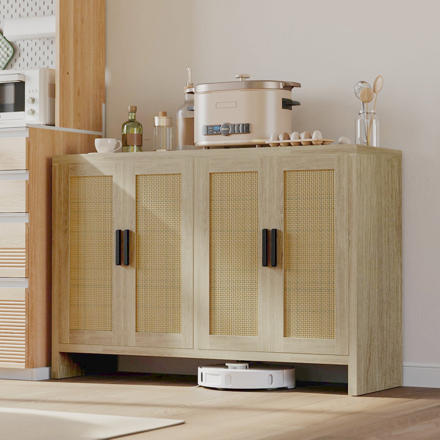 **Rattan Buffet Cabinet with Storage, Sideboard with Doors, TV Stand, Farmhouse Coffee Bar, Modern Wood Storage Cabinet for Living Room, Kitchen, or Dining Room, Oak**