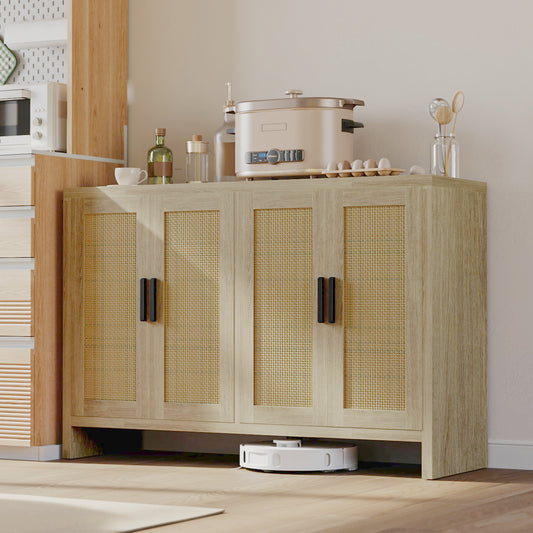 **Rattan Buffet Cabinet with Storage, Sideboard with Doors, TV Stand, Farmhouse Coffee Bar, Modern Wood Storage Cabinet for Living Room, Kitchen, or Dining Room, Oak**