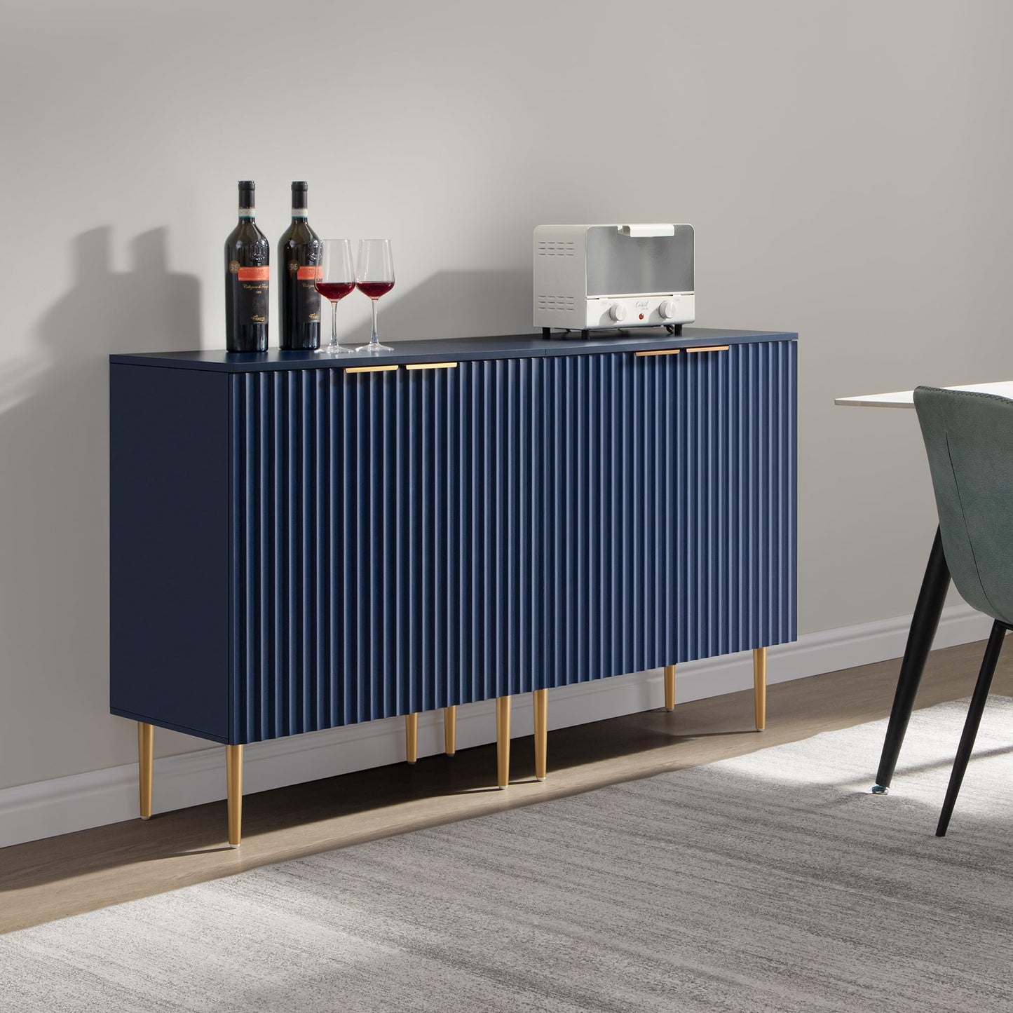 57" Modern Sideboard Buffet Cabinet with 4 Doors and Adjustable Shelf, Space-Saving Storage Console for Entryway, Kitchen, or Living Room, Navy Blue