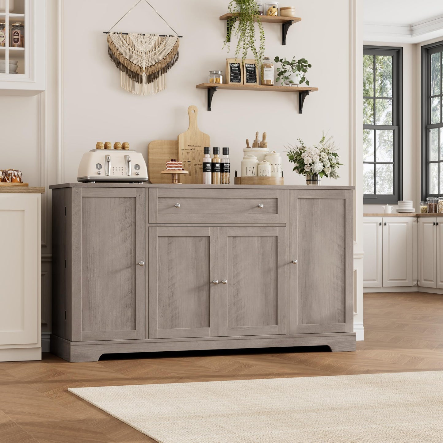 **HITHOS 54" Modern Buffet Cabinet with Storage, Ash Grey Kitchen Sideboard with Drawer, Wood Coffee Bar Station with Adjustable Shelves for Living Room**