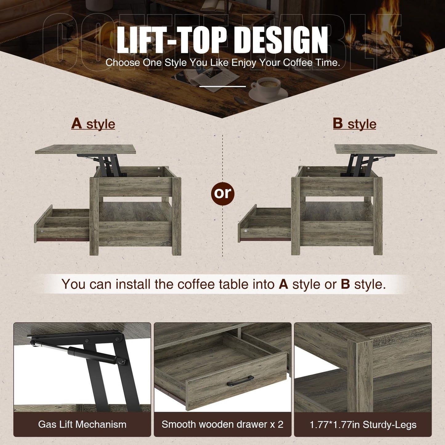 Rolanstar 47.2" Lift Top Coffee Table with Drawers & Hidden Compartment – Retro Wooden Central Table with Adjustable Lift Tabletop for Living Room, Washed Oak