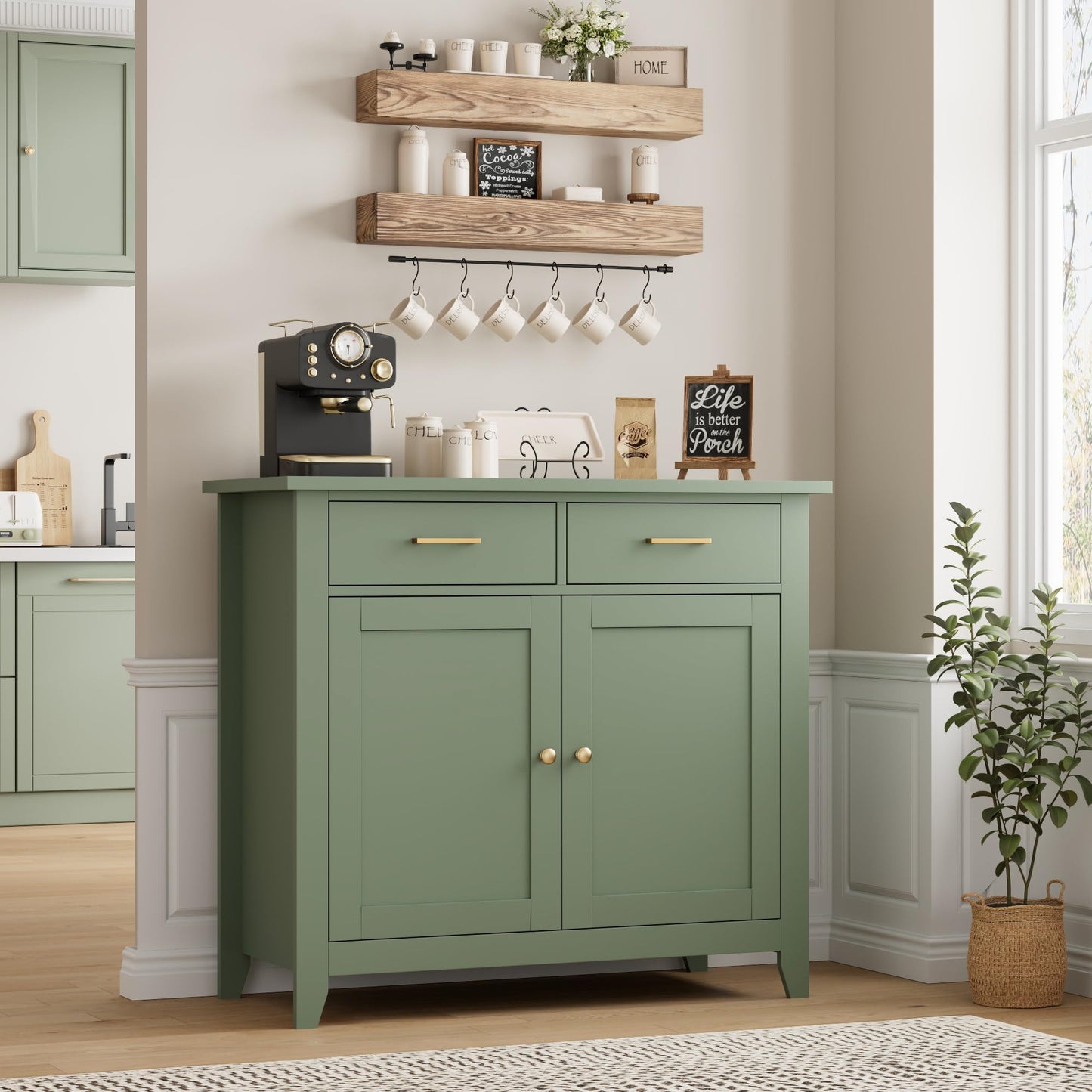 HORSTORS Modern Farmhouse Buffet Cabinet with Storage, Kitchen Sideboard Coffee Bar with 2 Drawers and 2 Doors, Floor Storage Cabinet for Living Room, Dining Room, or Bathroom, Green