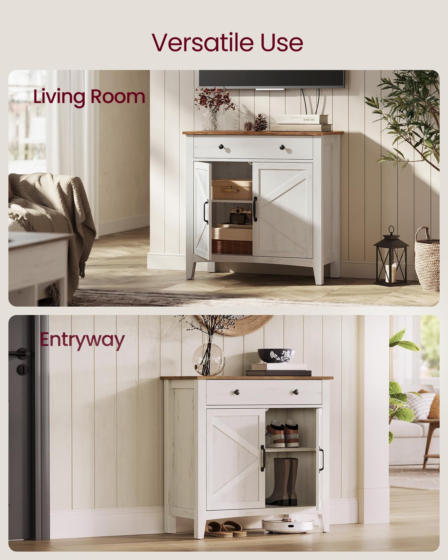 **Buffet Cabinet, Coffee Bar Cabinet with Drawer, Adjustable Shelf, Sideboard Storage with Cable Hole and Drawer Divider, Rustic White and Honey Brown**