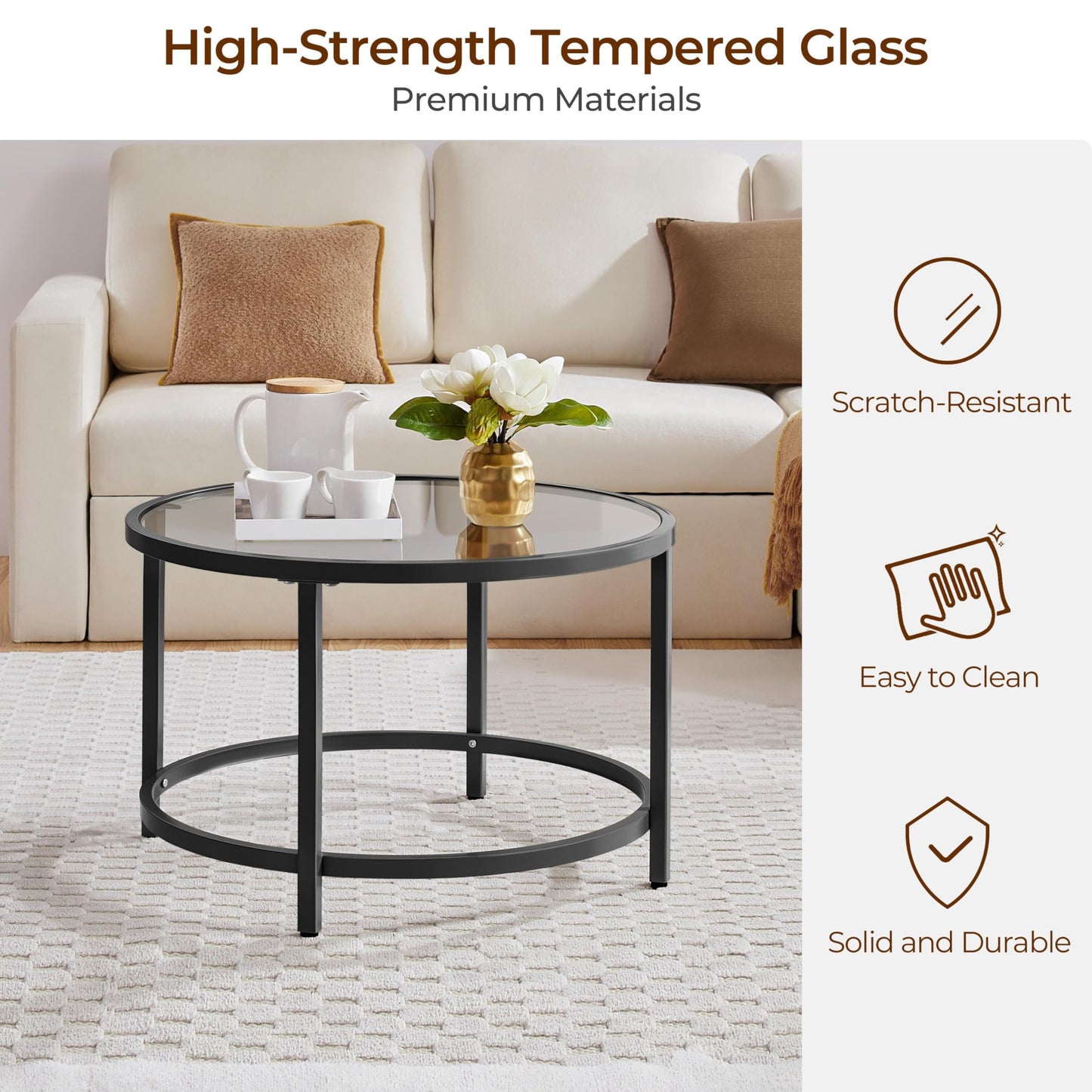 27.6" Round Glass Coffee Table with Black Metal Frame for Living Room, Office, or Apartment