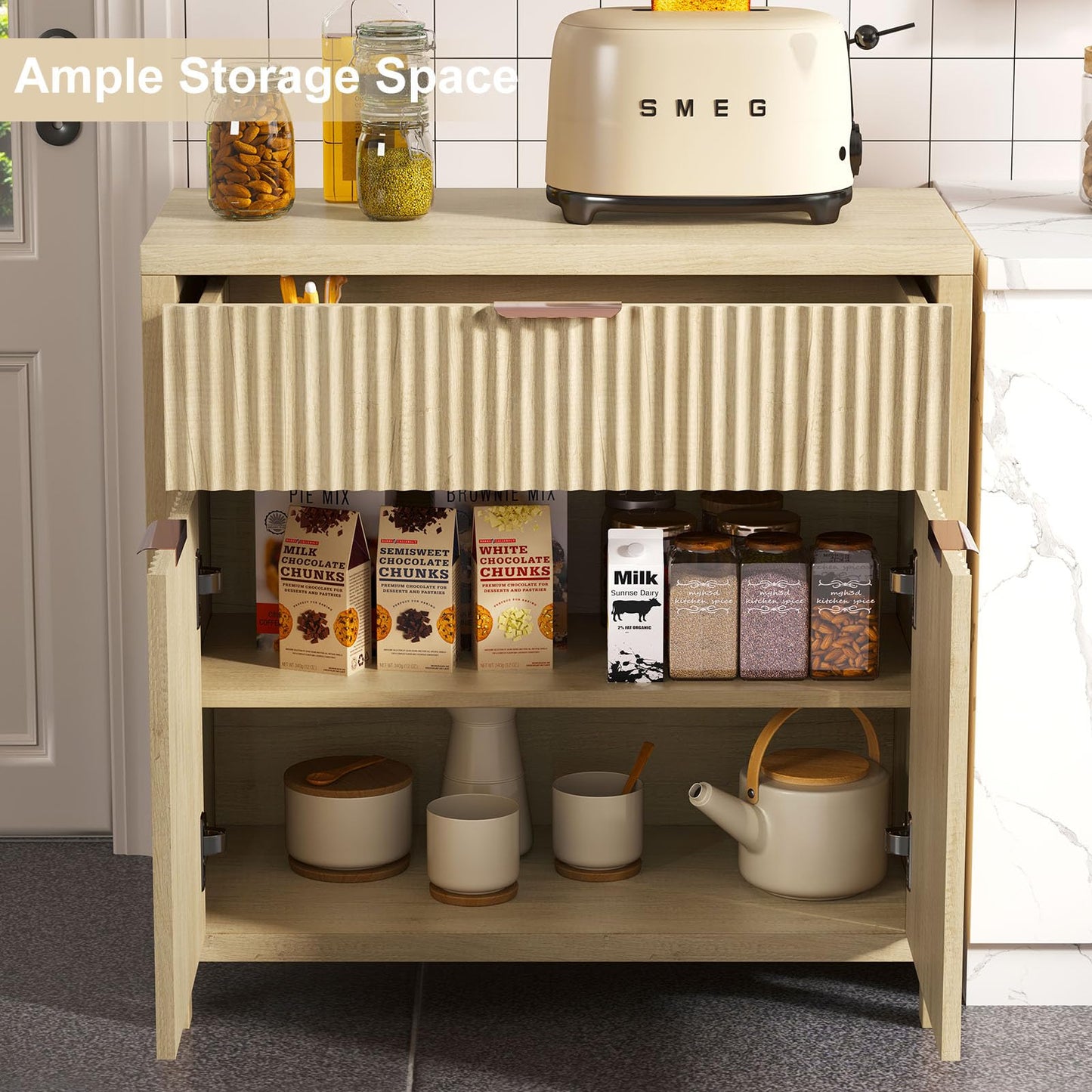 **Oak Fluted Door Accent Cabinet, Sideboard Buffet with 2 Doors, 1 Drawer & Adjustable Shelf, Modern Console Table for Living Room and Entryway**