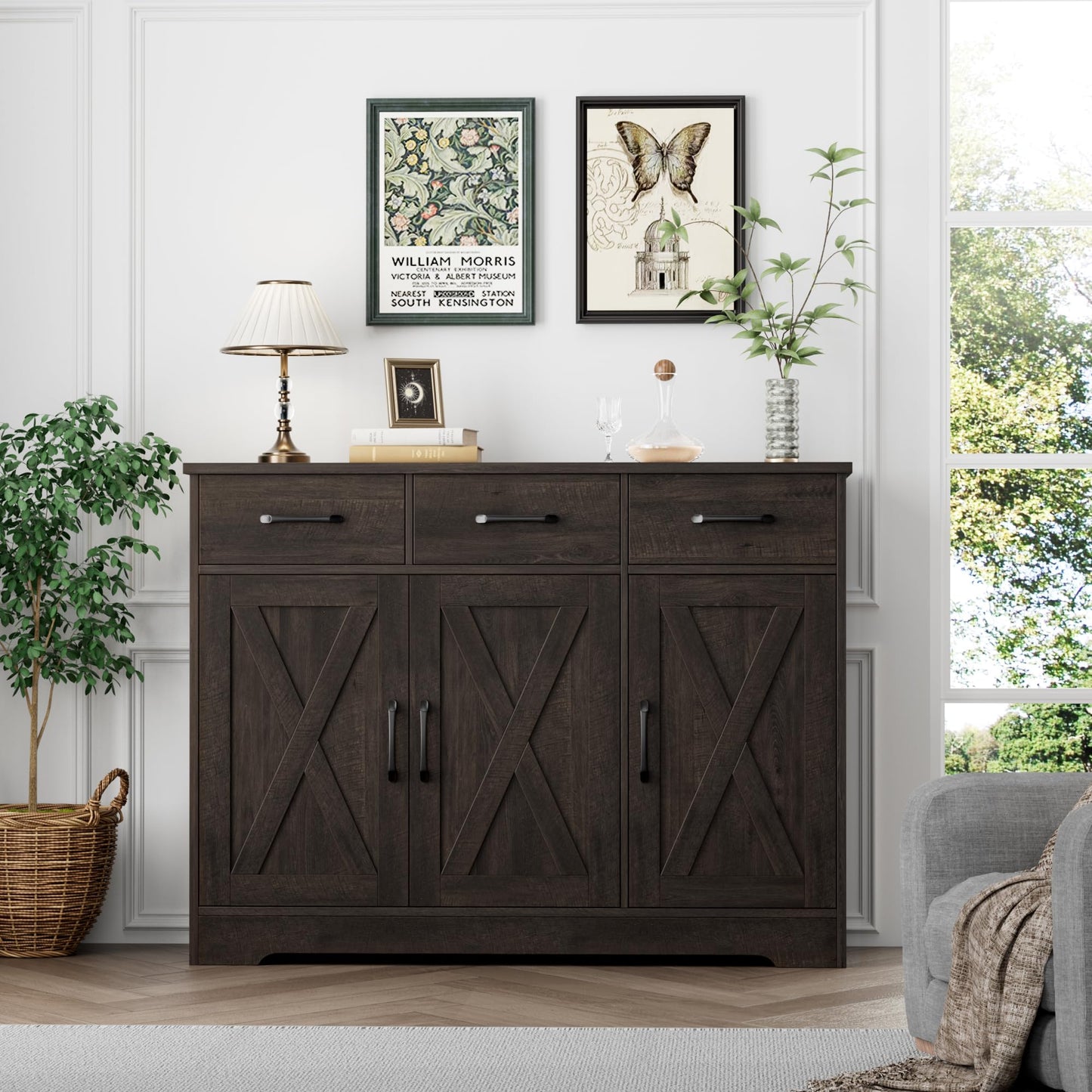 **HOSTACK Modern Farmhouse Buffet Sideboard Cabinet with Barn Doors, Drawers, and Shelves, Wood Coffee Bar Storage Cabinet for Dining Room, Kitchen, or Living Room, Dark Brown**